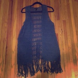 Blue, knit, sleeveless cardigan with fringe